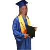 Shiny cap, gown, tassel, diploma cover, and "HONOR" stole