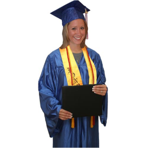 Shiny cap, gown, tassel, diploma cover, "HONOR" stole, and double honor cord set